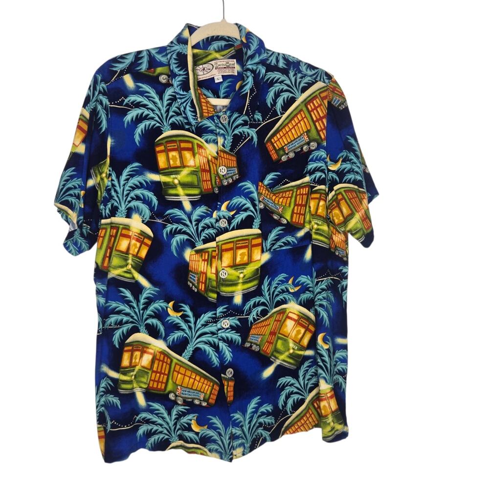 Bayou Wear Art 4 Now Mens Large 2015 NOLA Jazz Fest Shirt Streetcar Aloha Blue